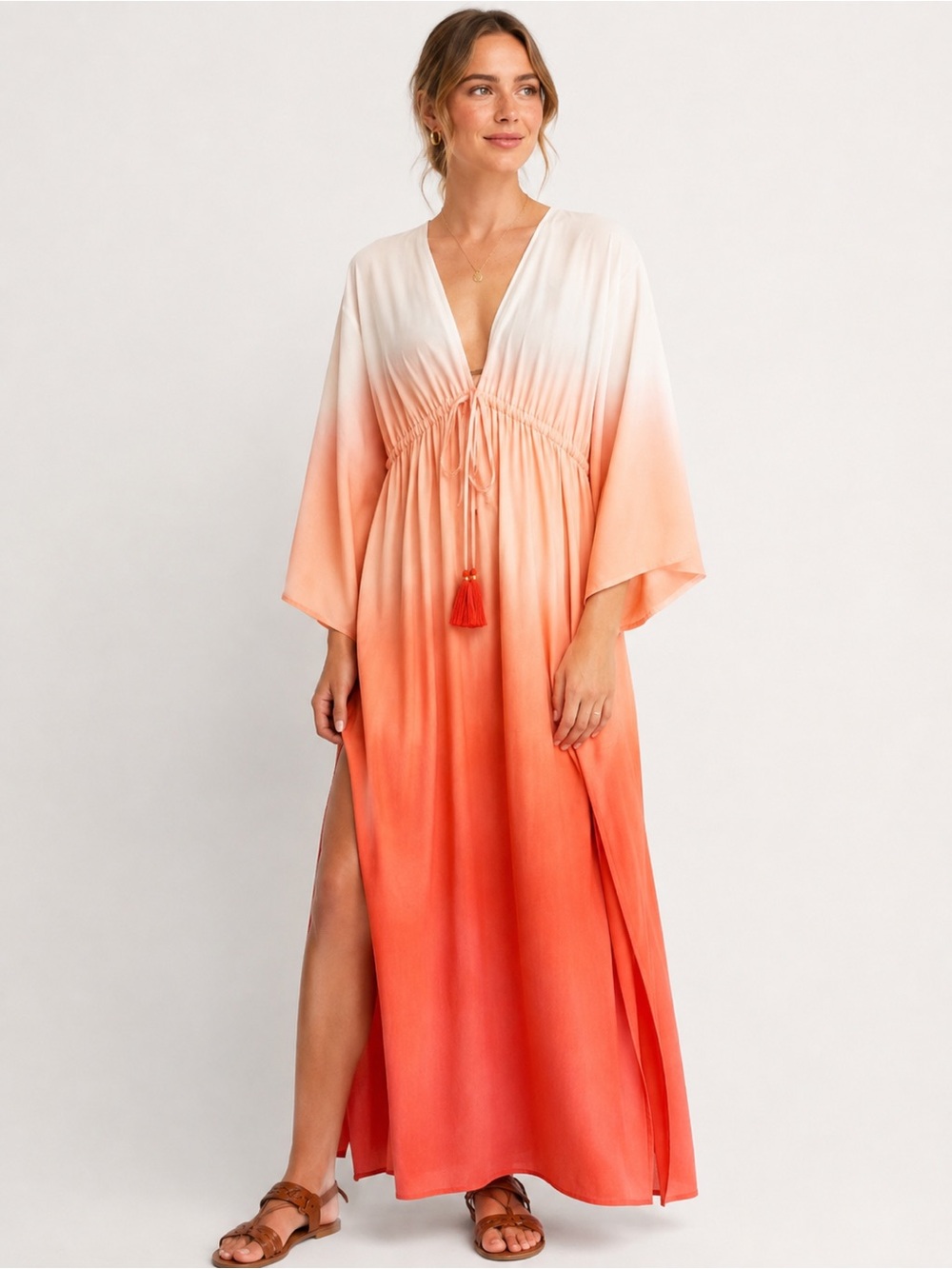 Boden Petite 2P Ombre Maxi Kaftan Dress Coral White Resort Beach Boho